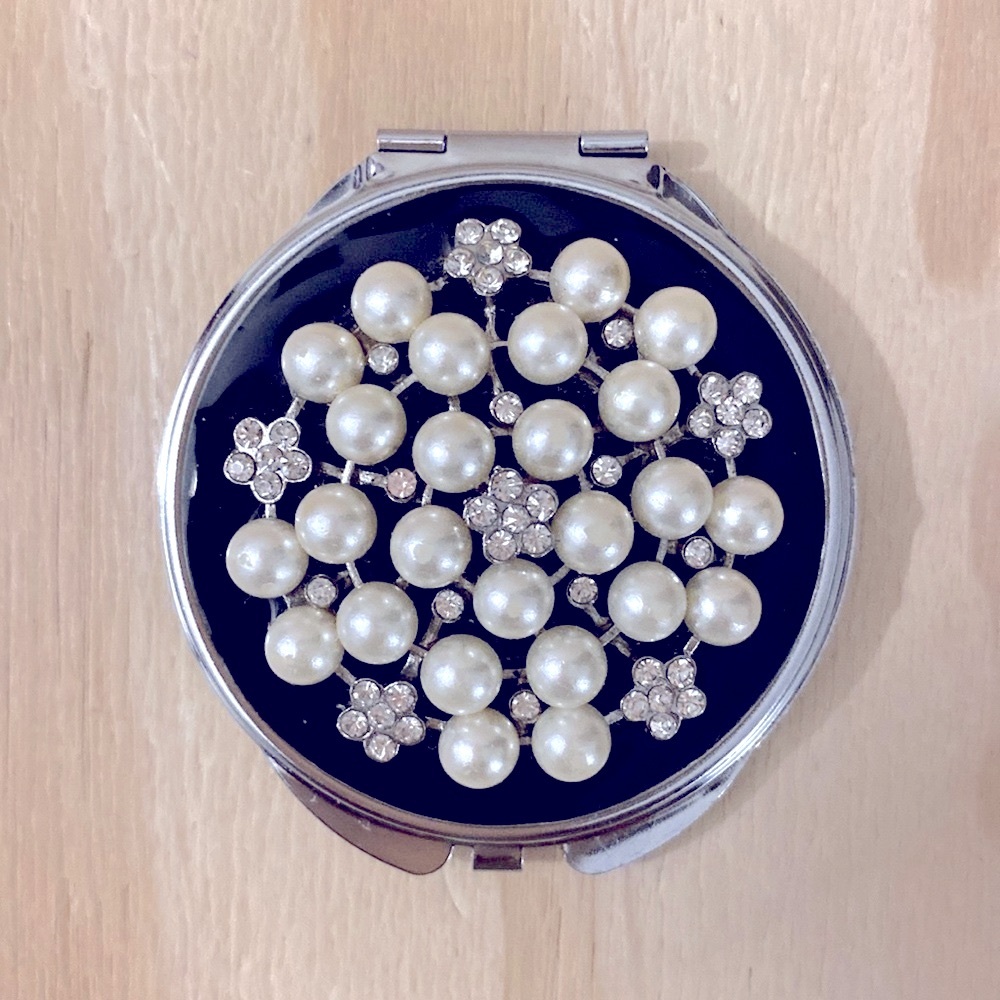 Vintage Mirror Compact Silver Metal  Black Enamel,Pearls And Rhinestones  2.5”